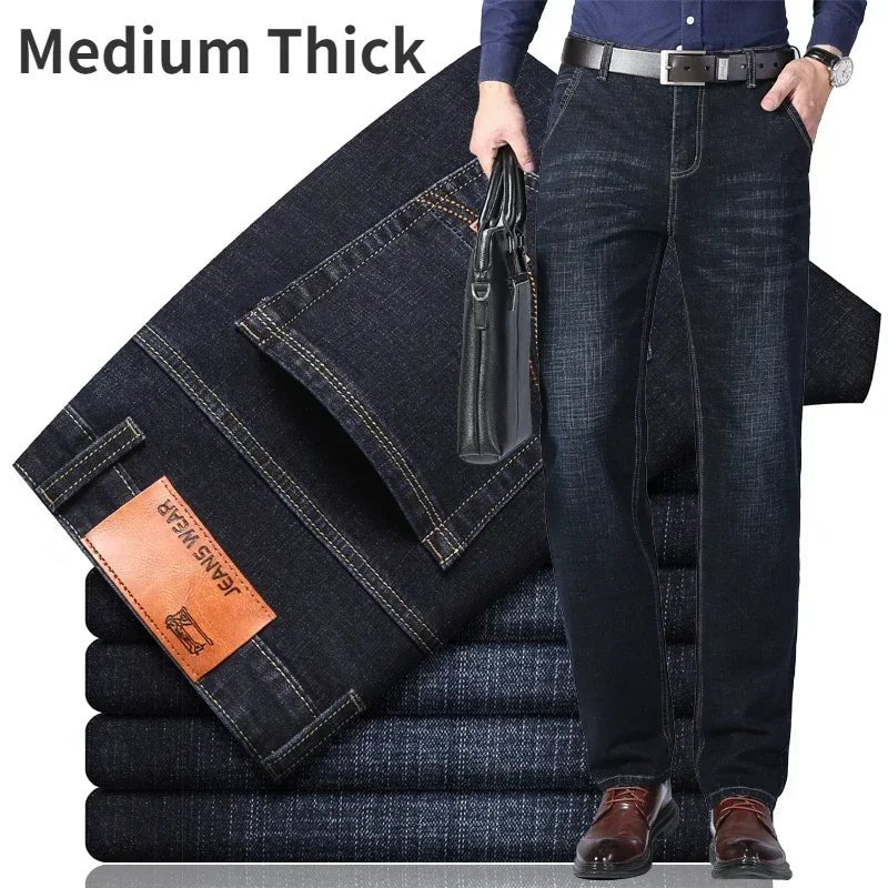 2024 Brand Thin or Thick Material Men's Elastic Cotton Jeans Fashion Gray Comfortable Denim Business Casual High Waist Pants - Maison zamor