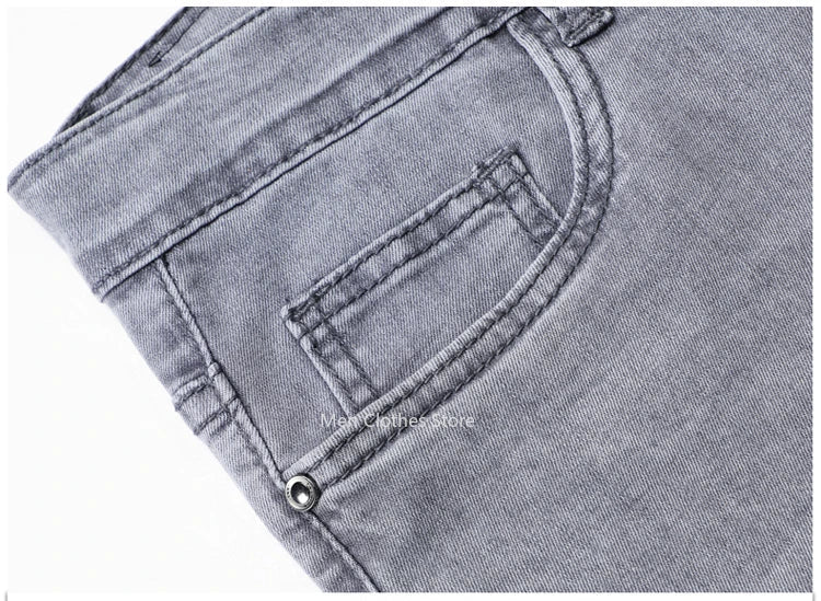 2024 Brand Thin or Thick Material Men's Elastic Cotton Jeans Fashion Gray Comfortable Denim Business Casual High Waist Pants - Maison zamor