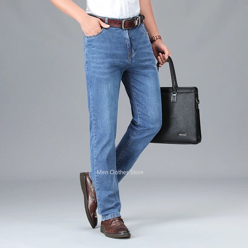 2024 Brand Thin or Thick Material Men's Elastic Cotton Jeans Fashion Gray Comfortable Denim Business Casual High Waist Pants - Maison zamor