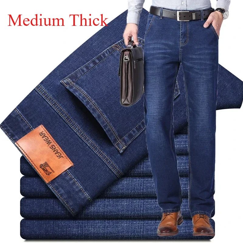 2024 Brand Thin or Thick Material Men's Elastic Cotton Jeans Fashion Gray Comfortable Denim Business Casual High Waist Pants - Maison zamor
