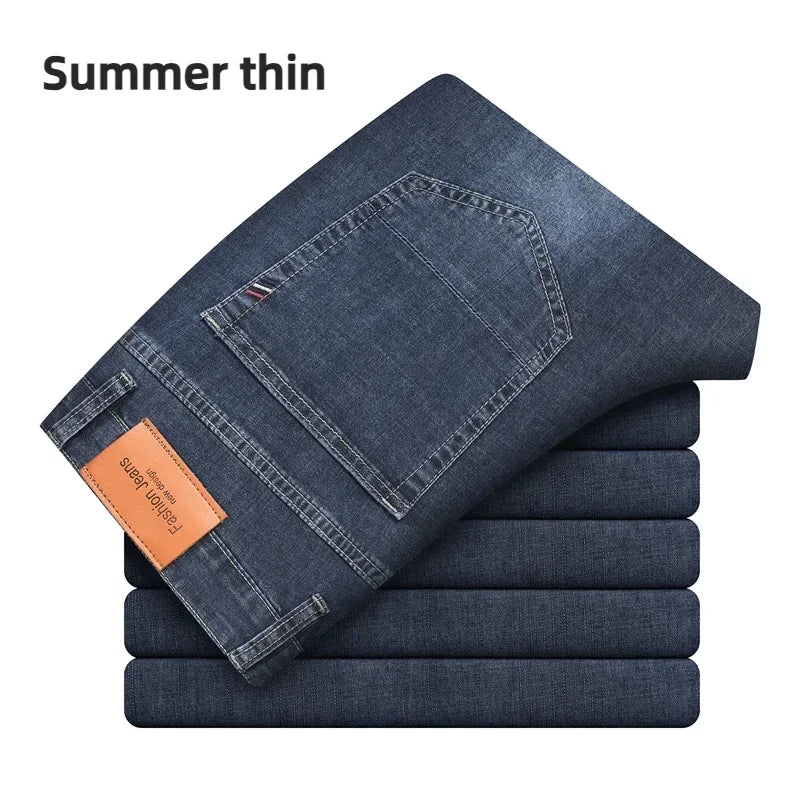 2024 Brand Thin or Thick Material Men's Elastic Cotton Jeans Fashion Gray Comfortable Denim Business Casual High Waist Pants - Maison zamor