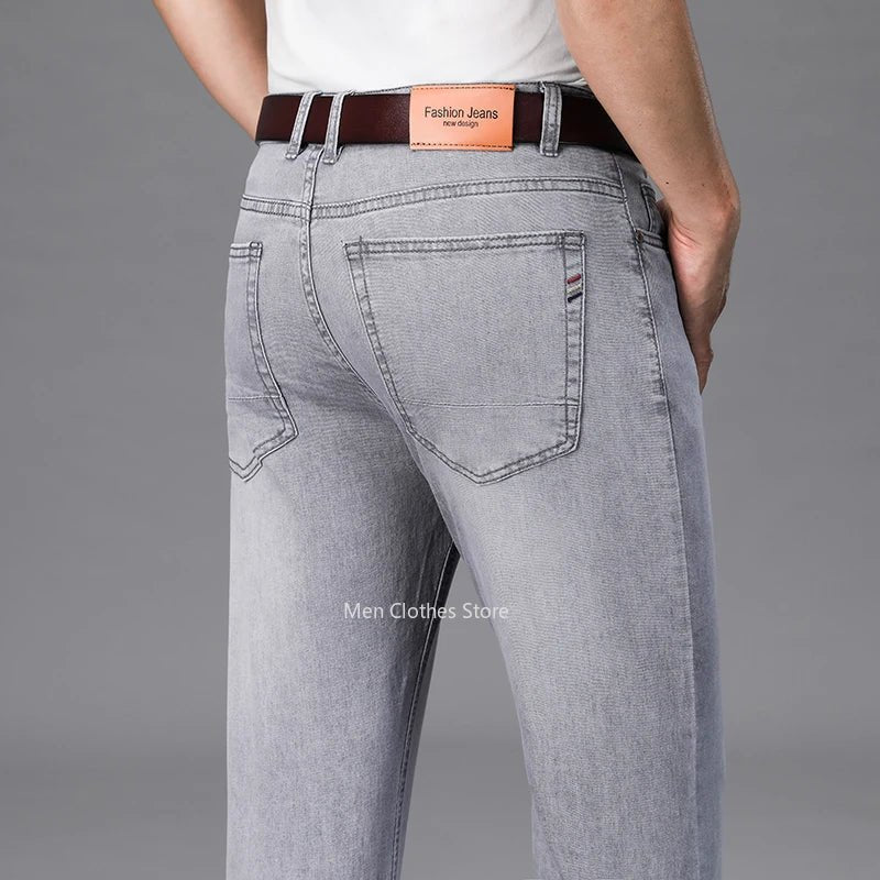 2024 Brand Thin or Thick Material Men's Elastic Cotton Jeans Fashion Gray Comfortable Denim Business Casual High Waist Pants - Maison zamor