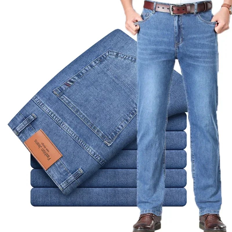2024 Brand Thin or Thick Material Men's Elastic Cotton Jeans Fashion Gray Comfortable Denim Business Casual High Waist Pants - Maison zamor