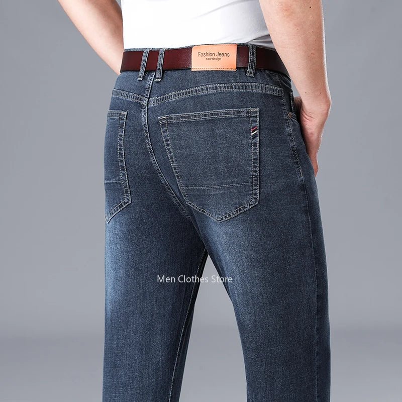 2024 Brand Thin or Thick Material Men's Elastic Cotton Jeans Fashion Gray Comfortable Denim Business Casual High Waist Pants - Maison zamor