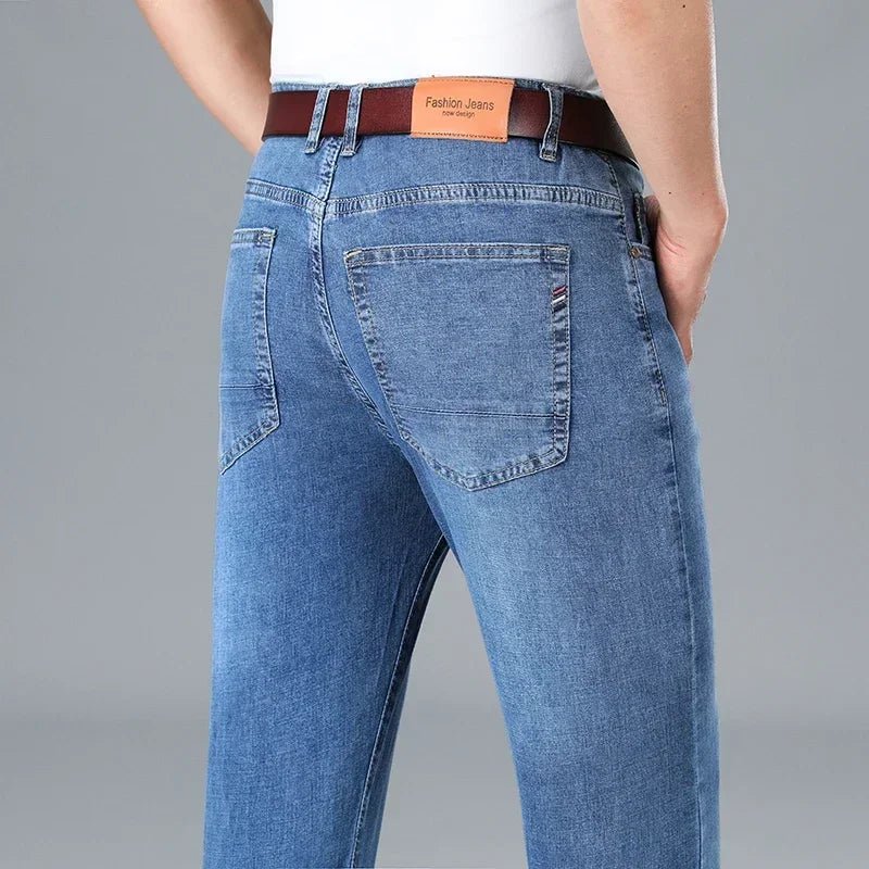 2024 Brand Thin or Thick Material Men's Elastic Cotton Jeans Fashion Gray Comfortable Denim Business Casual High Waist Pants - Maison zamor