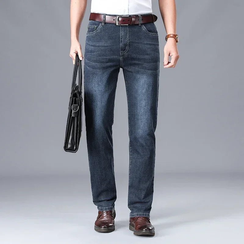 2024 Brand Thin or Thick Material Men's Elastic Cotton Jeans Fashion Gray Comfortable Denim Business Casual High Waist Pants - Maison zamor