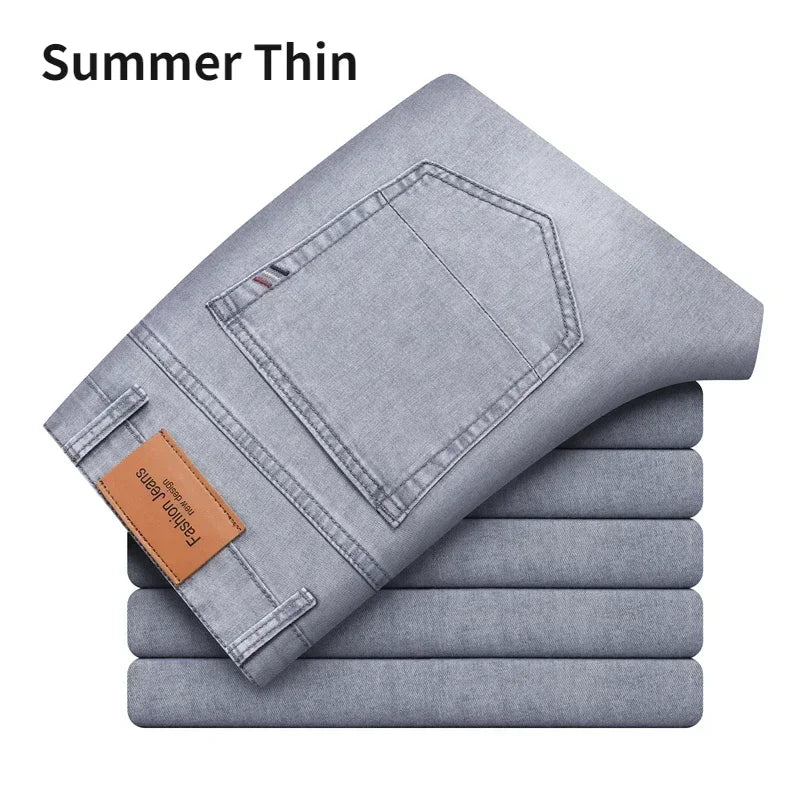 2024 Brand Thin or Thick Material Men's Elastic Cotton Jeans Fashion Gray Comfortable Denim Business Casual High Waist Pants - Maison zamor