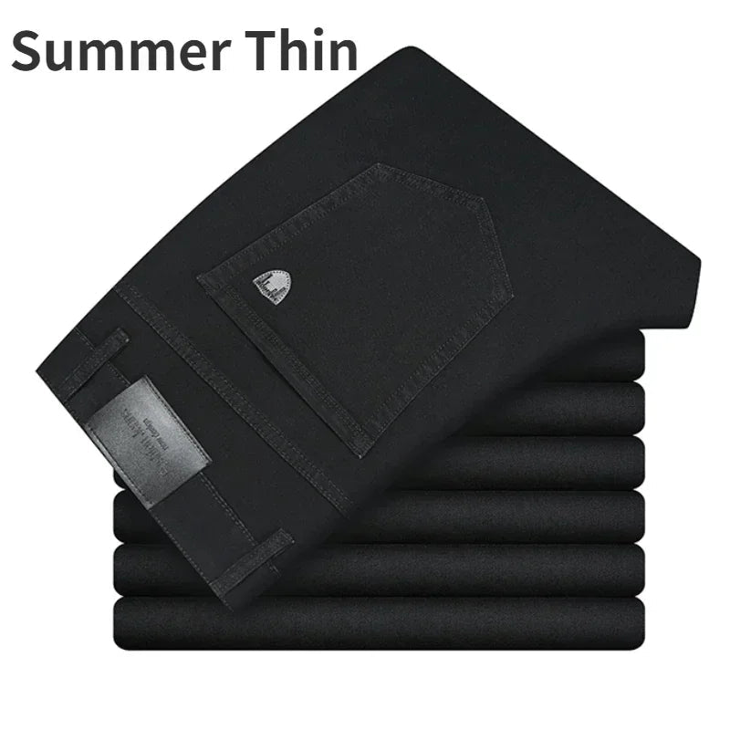 2024 Brand Thin or Thick Material Men's Elastic Cotton Jeans Fashion Gray Comfortable Denim Business Casual High Waist Pants - Maison zamor