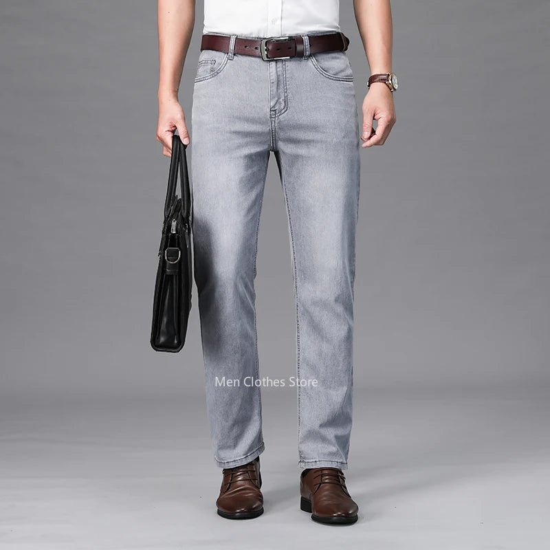 2024 Brand Thin or Thick Material Men's Elastic Cotton Jeans Fashion Gray Comfortable Denim Business Casual High Waist Pants - Maison zamor