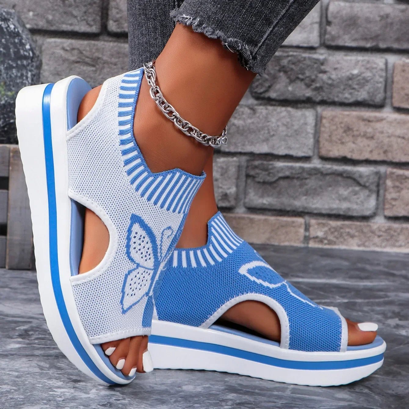 2024 Summer New Women Sandals Round Toe Platform Sole Mesh Single Women Shoes Casual Fashion Blue Butterfly Plus Size Sandals - Maison zamor