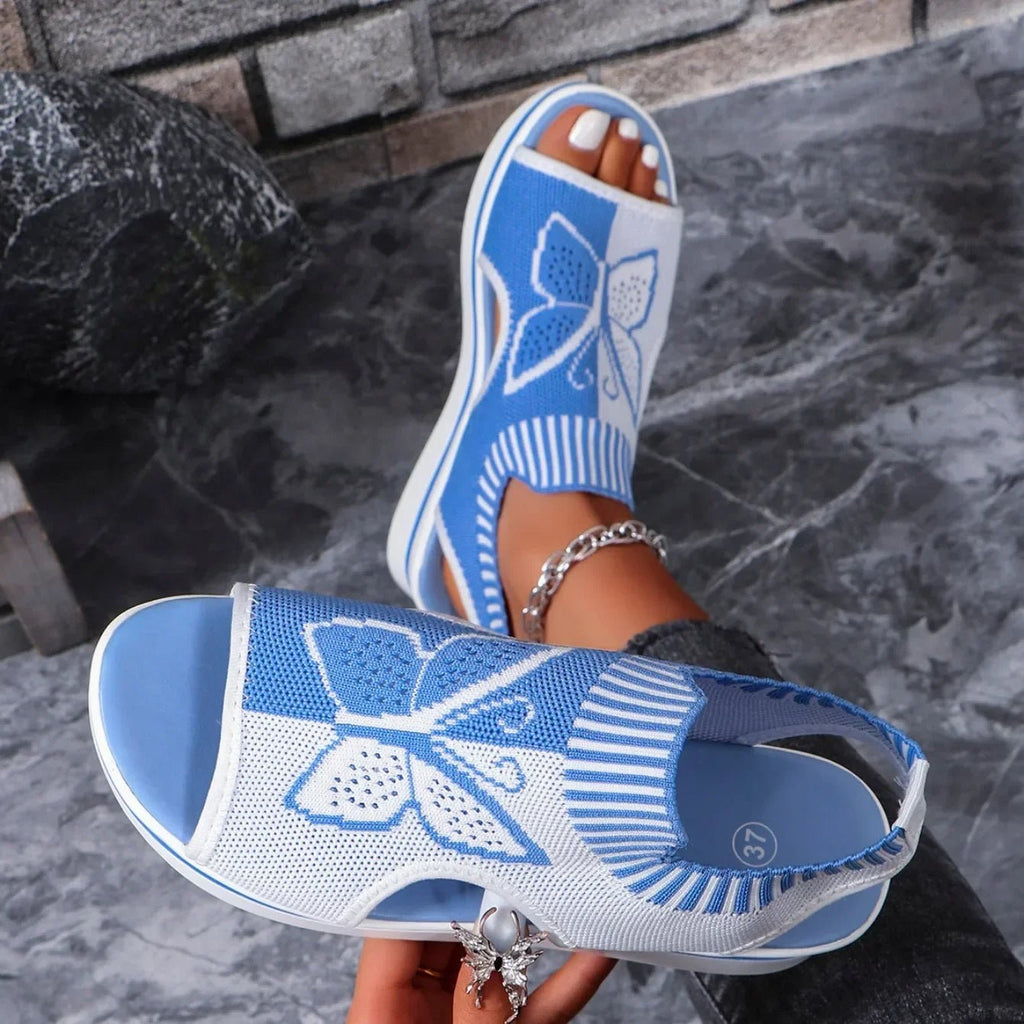2024 Summer New Women Sandals Round Toe Platform Sole Mesh Single Women Shoes Casual Fashion Blue Butterfly Plus Size Sandals - Maison zamor