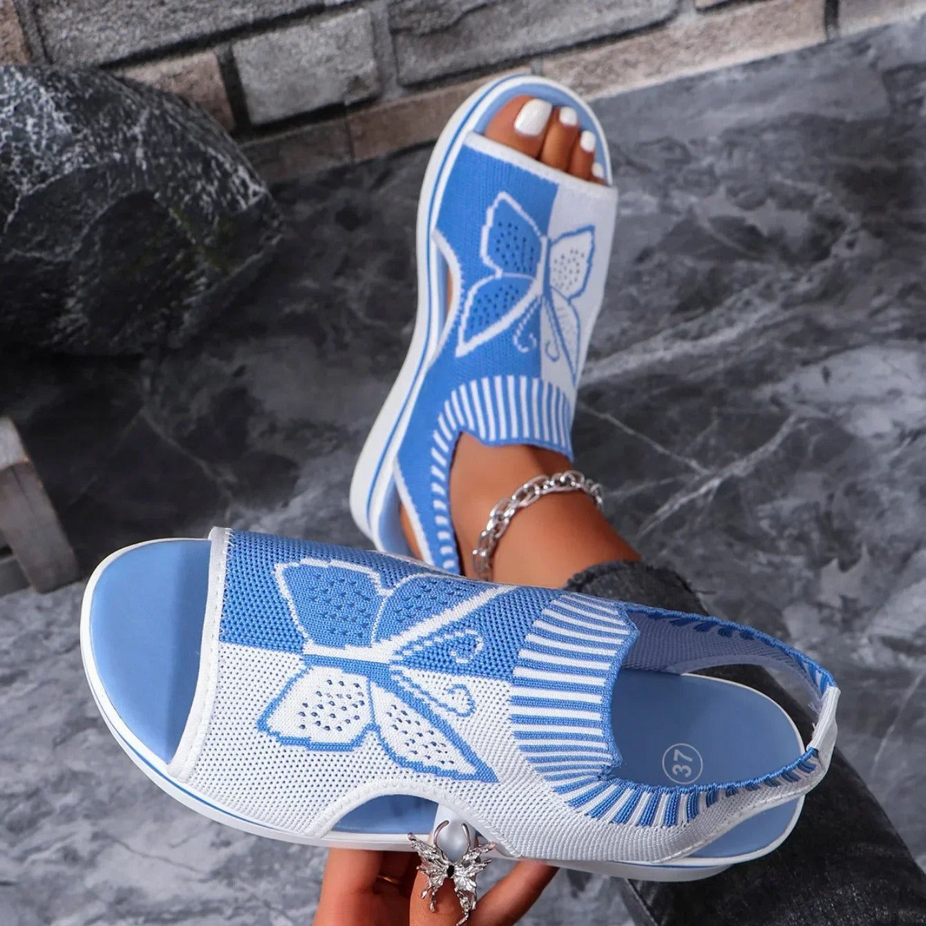 2024 Summer New Women Sandals Round Toe Platform Sole Mesh Single Women Shoes Casual Fashion Blue Butterfly Plus Size Sandals - Maison zamor