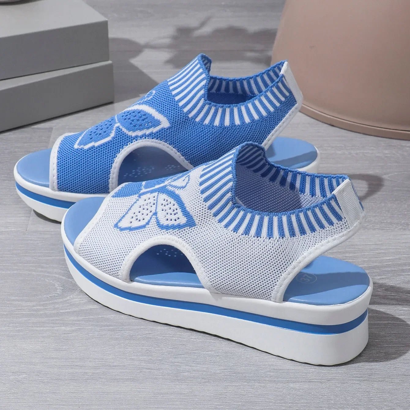 2024 Summer New Women Sandals Round Toe Platform Sole Mesh Single Women Shoes Casual Fashion Blue Butterfly Plus Size Sandals - Maison zamor