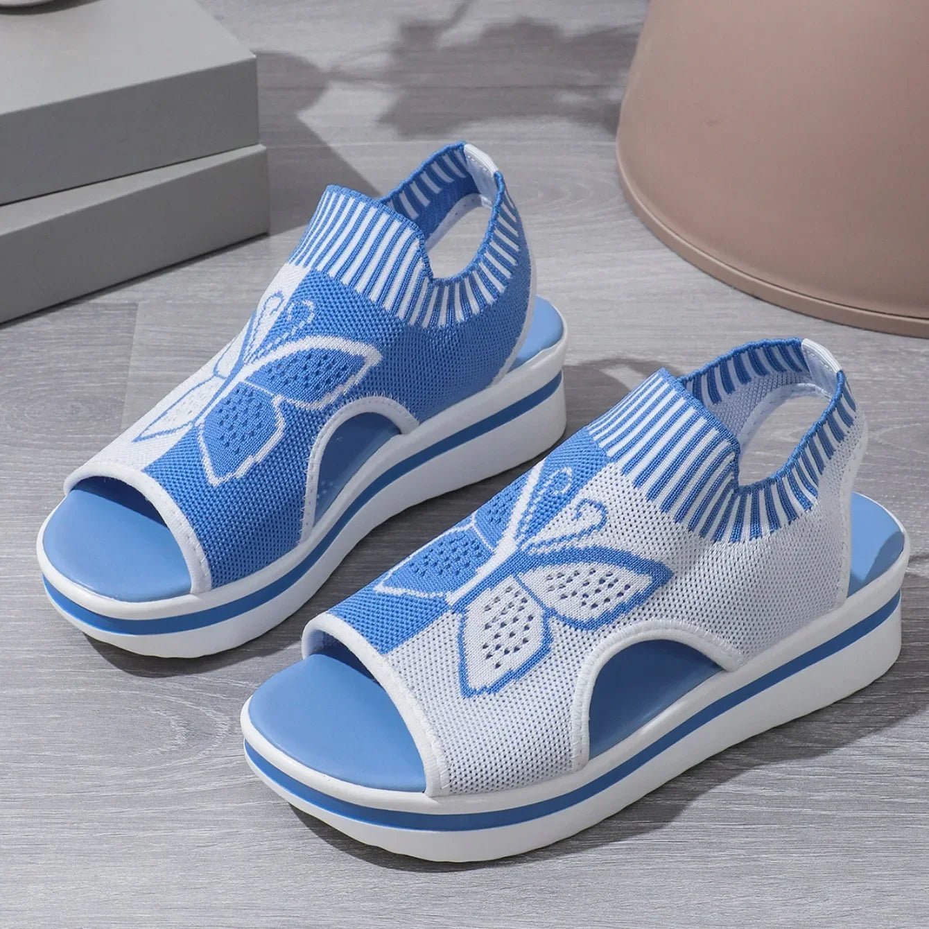 2024 Summer New Women Sandals Round Toe Platform Sole Mesh Single Women Shoes Casual Fashion Blue Butterfly Plus Size Sandals - Maison zamor