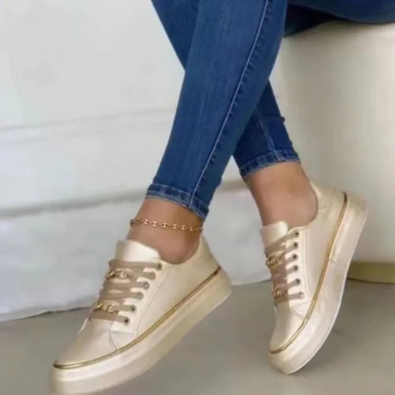 2024New Fashion Women's Sneakers Chain Leather Comfortable Round Toe Platform Sneakers Lace - up Walking Women's Vulcanized Shoes - Maison zamor
