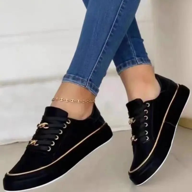 2024New Fashion Women's Sneakers Chain Leather Comfortable Round Toe Platform Sneakers Lace - up Walking Women's Vulcanized Shoes - Maison zamor