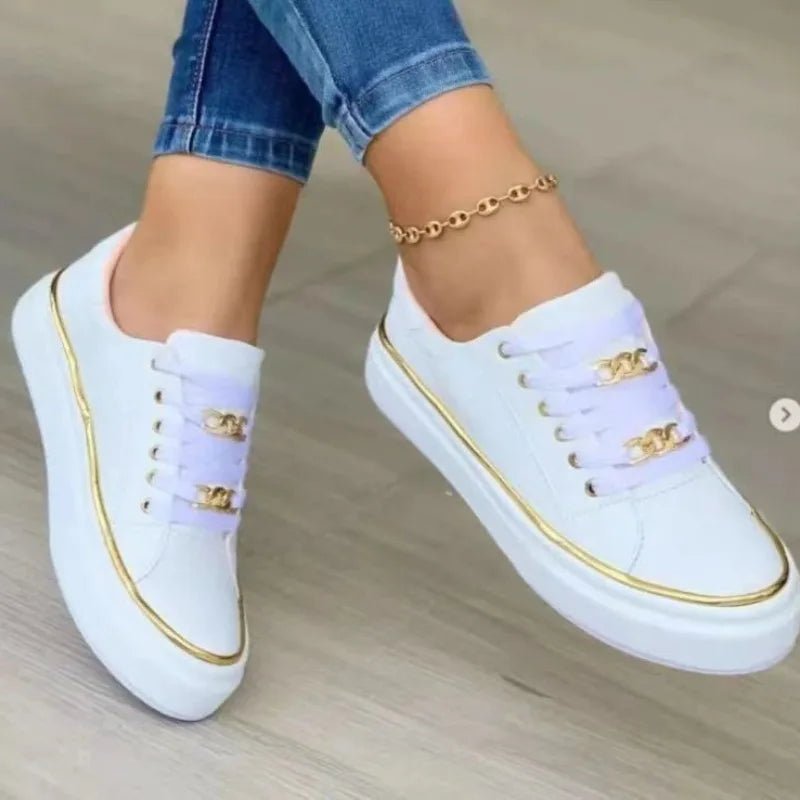 2024New Fashion Women's Sneakers Chain Leather Comfortable Round Toe Platform Sneakers Lace - up Walking Women's Vulcanized Shoes - Maison zamor