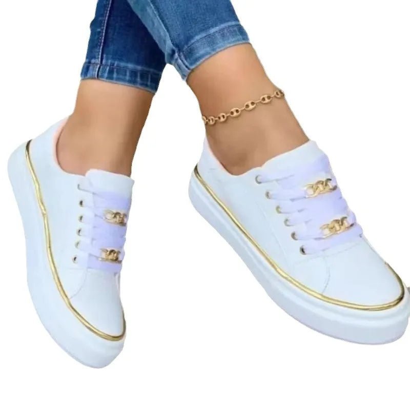 2024New Fashion Women's Sneakers Chain Leather Comfortable Round Toe Platform Sneakers Lace - up Walking Women's Vulcanized Shoes - Maison zamor