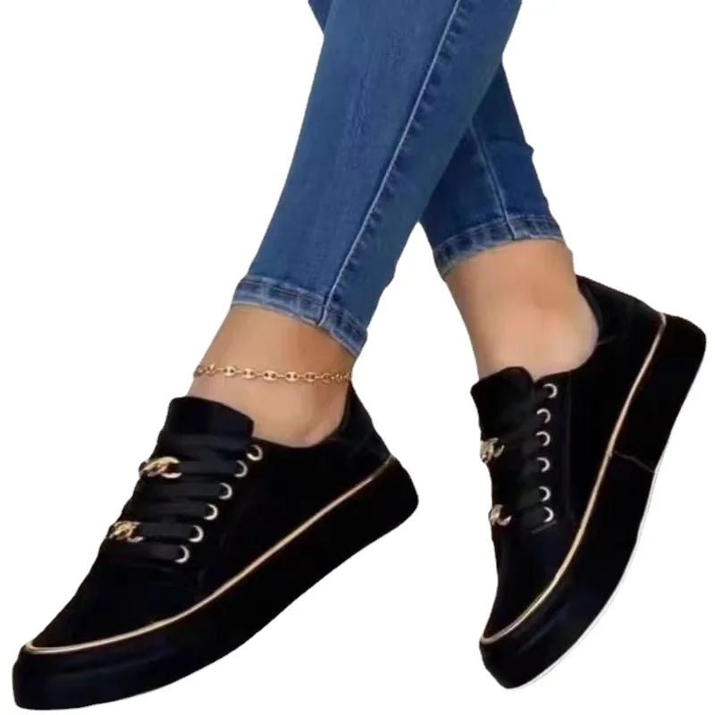 2024New Fashion Women's Sneakers Chain Leather Comfortable Round Toe Platform Sneakers Lace - up Walking Women's Vulcanized Shoes - Maison zamor