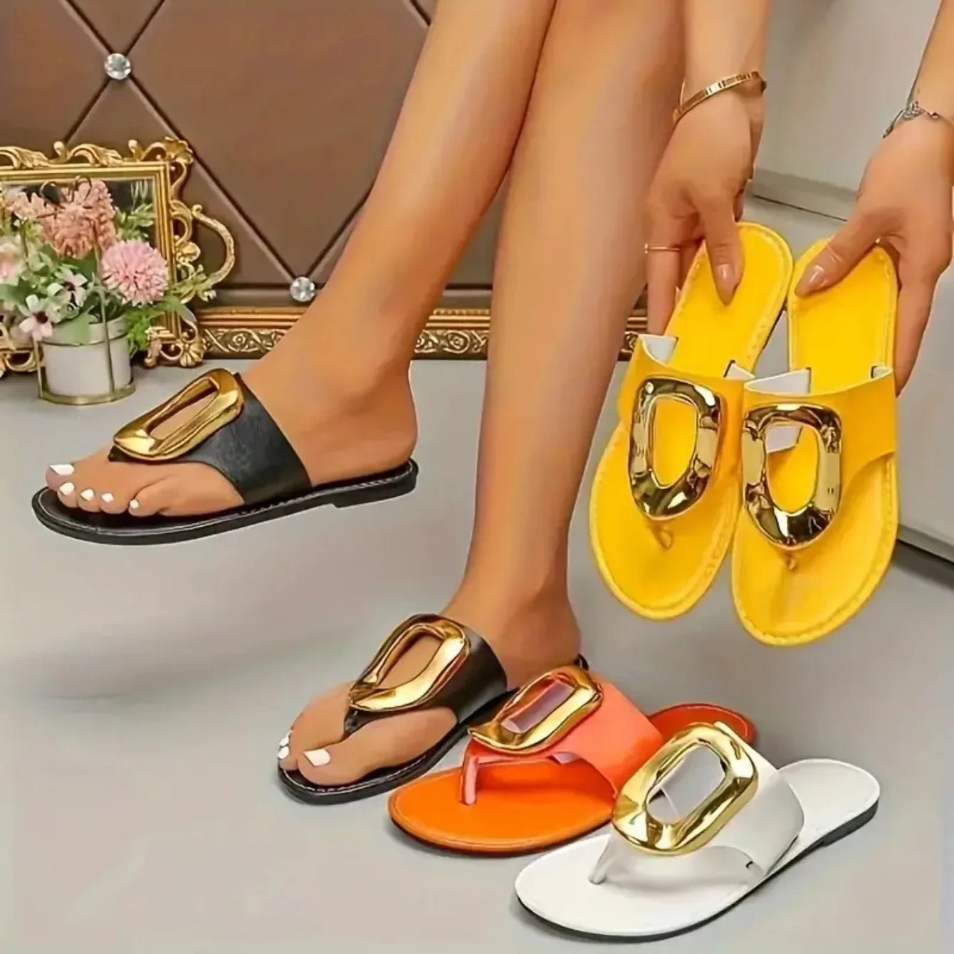 2025 Summer New Women Slippers Fashion Luxury Slippers Fashion Outdoor Flat Shoes Women Beach Metal Sandals Female Slides Women - Maison zamor
