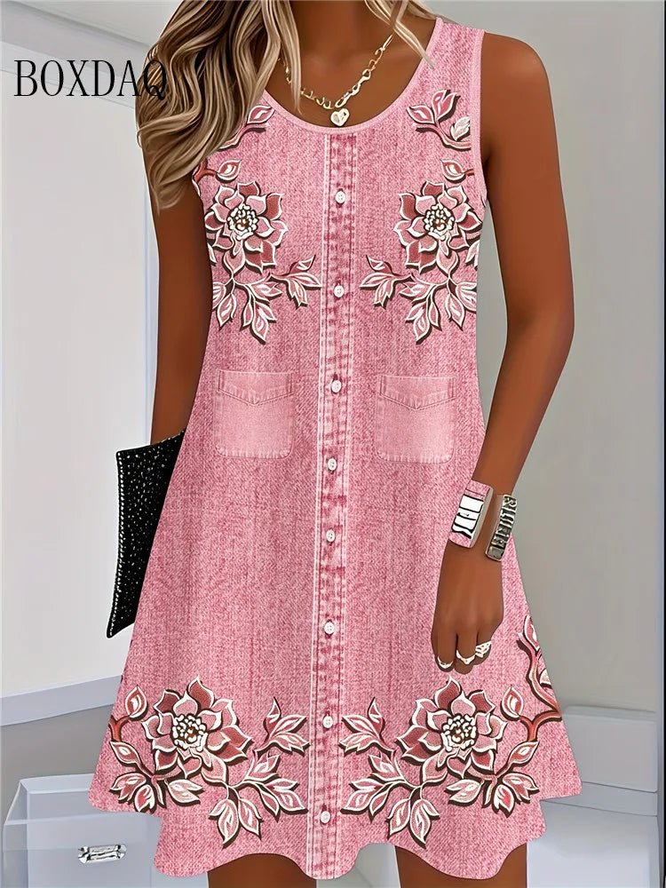 2025 Women Summer Sleeveless Bohemian Dress Fashion Imitate Cowboy Vest Flowers Print Dress Casual Tank Beach Dresses For Women - Maison zamor