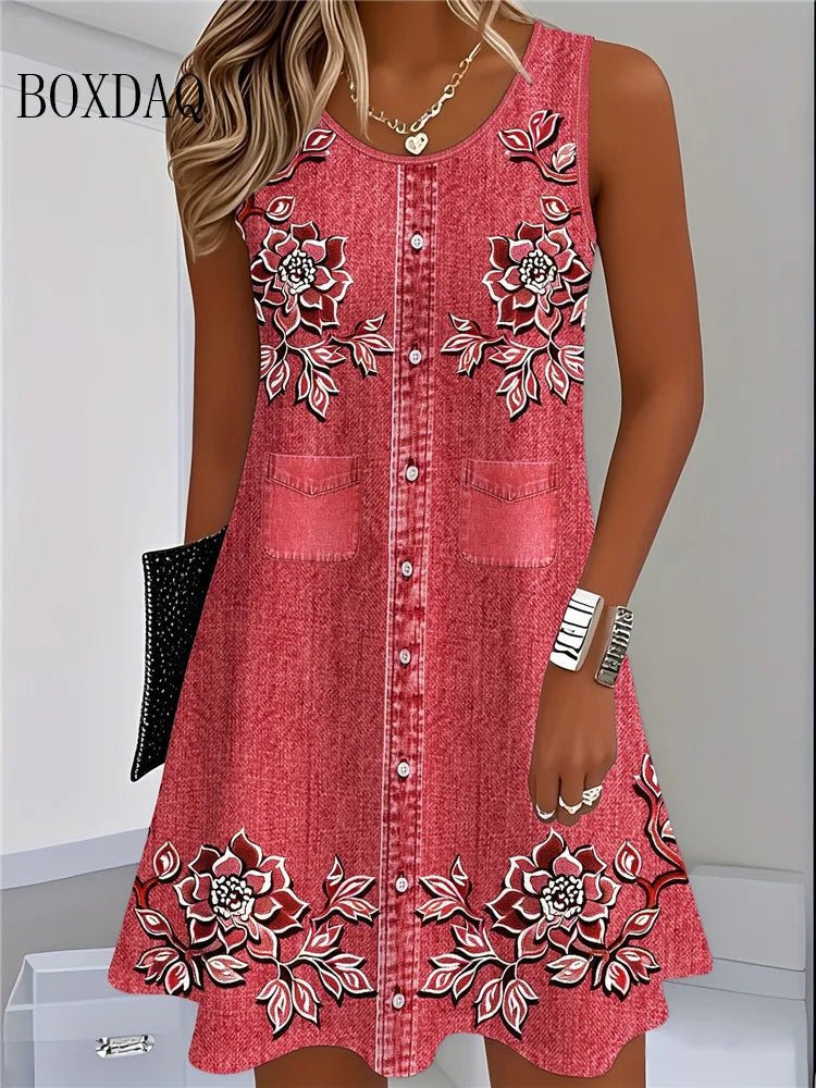 2025 Women Summer Sleeveless Bohemian Dress Fashion Imitate Cowboy Vest Flowers Print Dress Casual Tank Beach Dresses For Women - Maison zamor