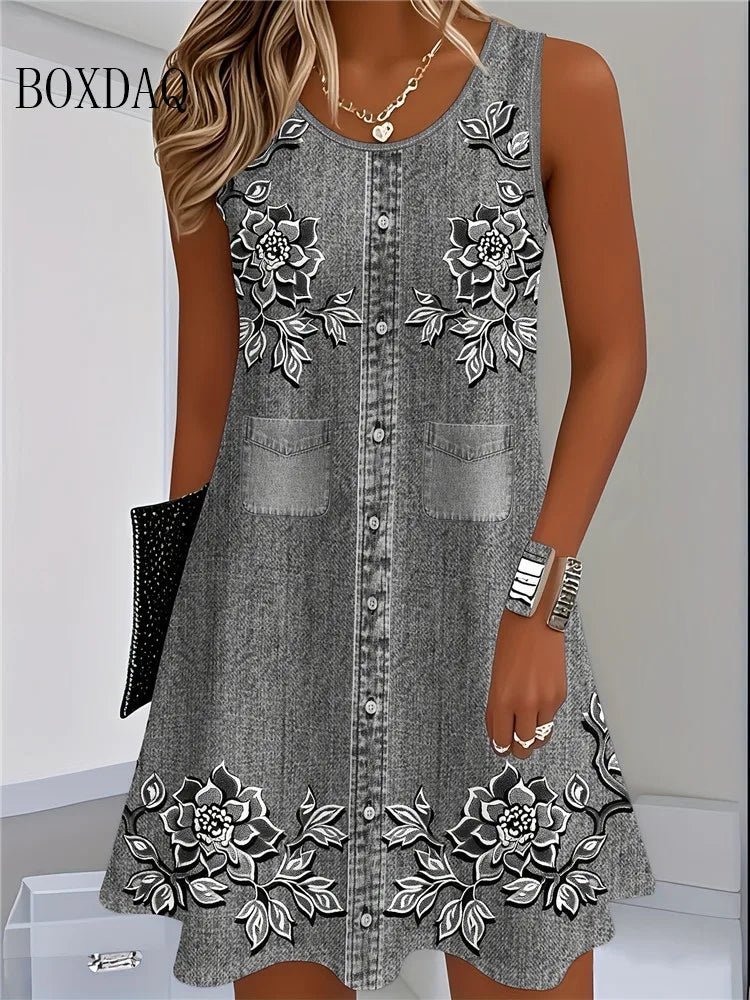 2025 Women Summer Sleeveless Bohemian Dress Fashion Imitate Cowboy Vest Flowers Print Dress Casual Tank Beach Dresses For Women - Maison zamor