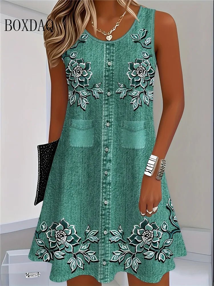 2025 Women Summer Sleeveless Bohemian Dress Fashion Imitate Cowboy Vest Flowers Print Dress Casual Tank Beach Dresses For Women - Maison zamor