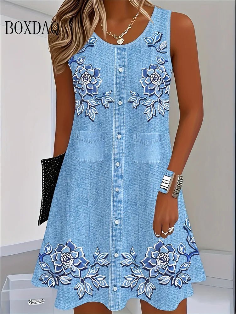 2025 Women Summer Sleeveless Bohemian Dress Fashion Imitate Cowboy Vest Flowers Print Dress Casual Tank Beach Dresses For Women - Maison zamor