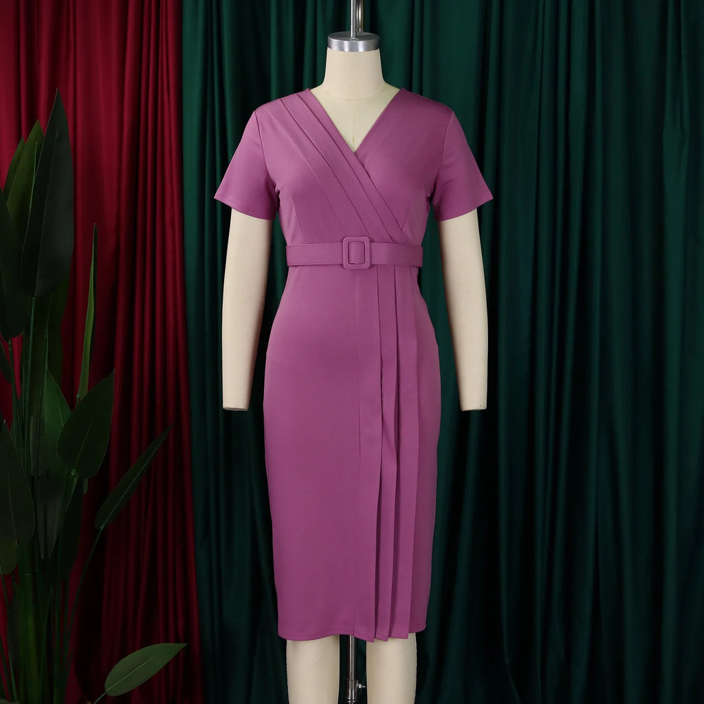 Elegant Office Dresses for Women V Neck Short Sleeve Belt Waisted Pleated Mid Calf Formal Business Work Wear Dress Midi Clothes