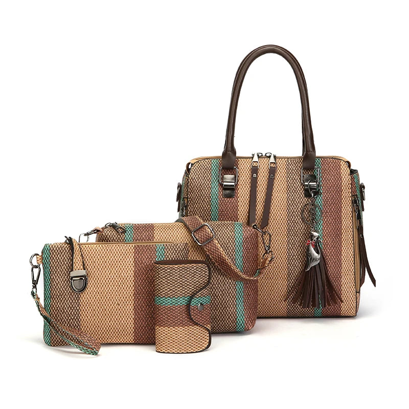 High Quality Women PU Leather Handbags Shoulder Bag Casual Female 4 Pieces Set Crossbody Bags Fashion Stripe Tote Messenger Bag