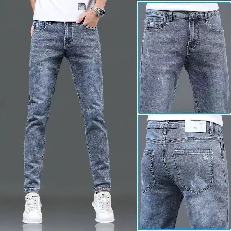 Jeans Distressed Pencil Jean Men Denim Ankle Length Pants Distressed Washed Spliced Zipper Fly Skinny Casual Spring Pockets