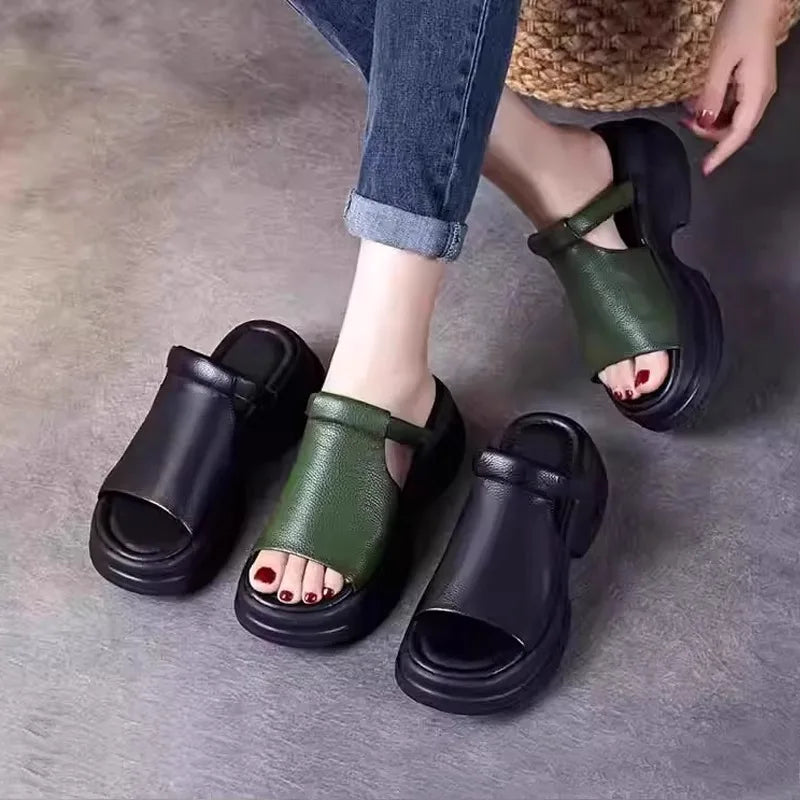 Lightweight Genuine Leather Fi Mouth Slippers Women's Outdoor Summer New Thi Bot Retro Soft Bot Platform Slippers