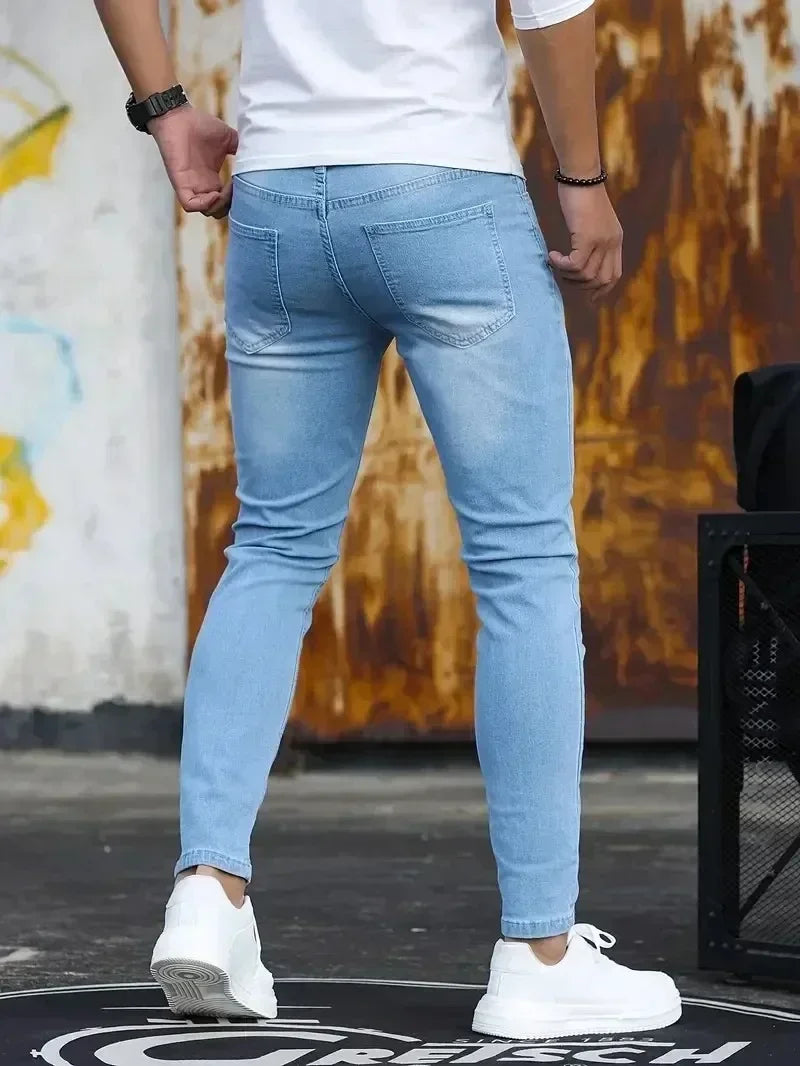 Man Classic Style Pants Light Blue Stretch Jeans Zipper Casual Slim Fit Trousers Male Pencil Pants Denim Skinny Jeans Men Brand