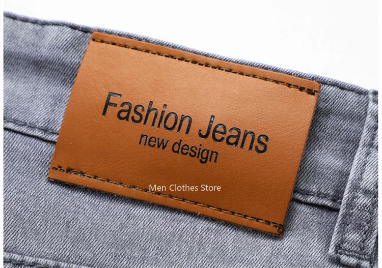 2024 Brand Thin or Thick Material Men's Elastic Cotton Jeans Fashion Gray Comfortable Denim Business Casual High Waist Pants