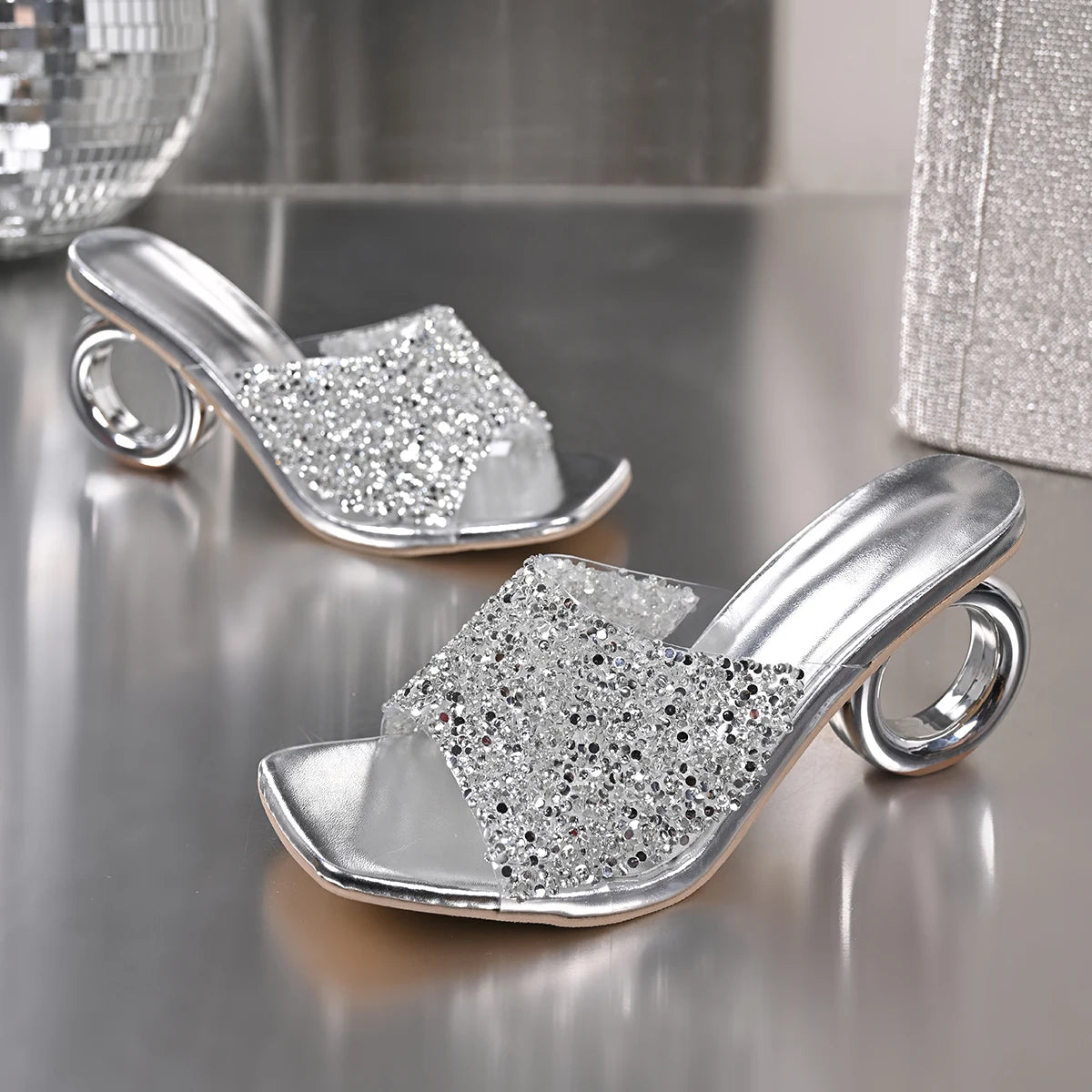 Elegant Pointed Toe High Heels Slippers Women Summer Fashion Clear Crystal Heel Sandals Woman Shiny Sequins Banquet Party Shoes