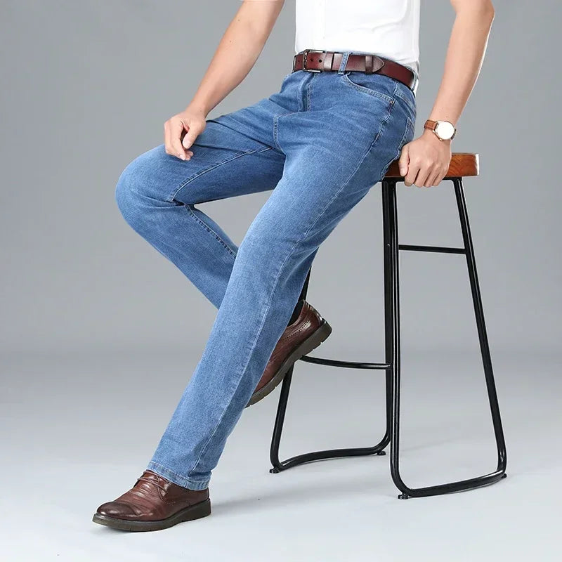 2024 Brand Thin or Thick Material Men's Elastic Cotton Jeans Fashion Gray Comfortable Denim Business Casual High Waist Pants