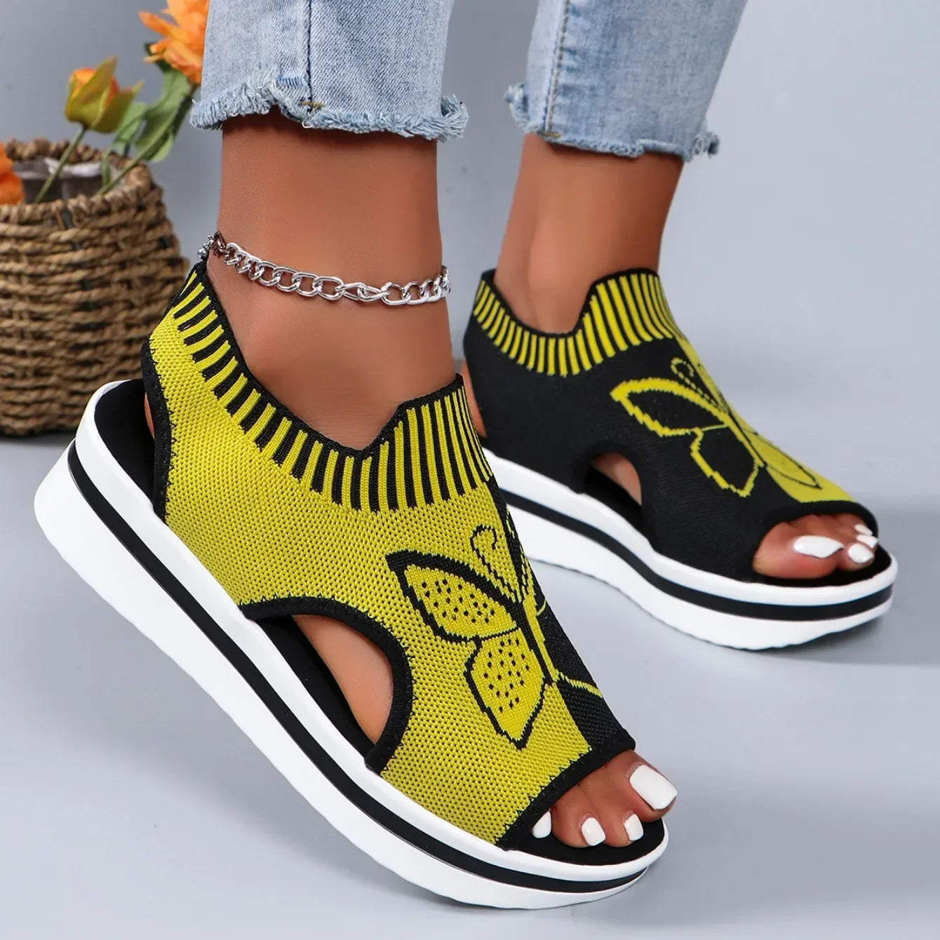 2024 Summer New Women Sandals Round Toe Platform Sole Mesh Single Women Shoes Casual Fashion Blue Butterfly Plus Size Sandals