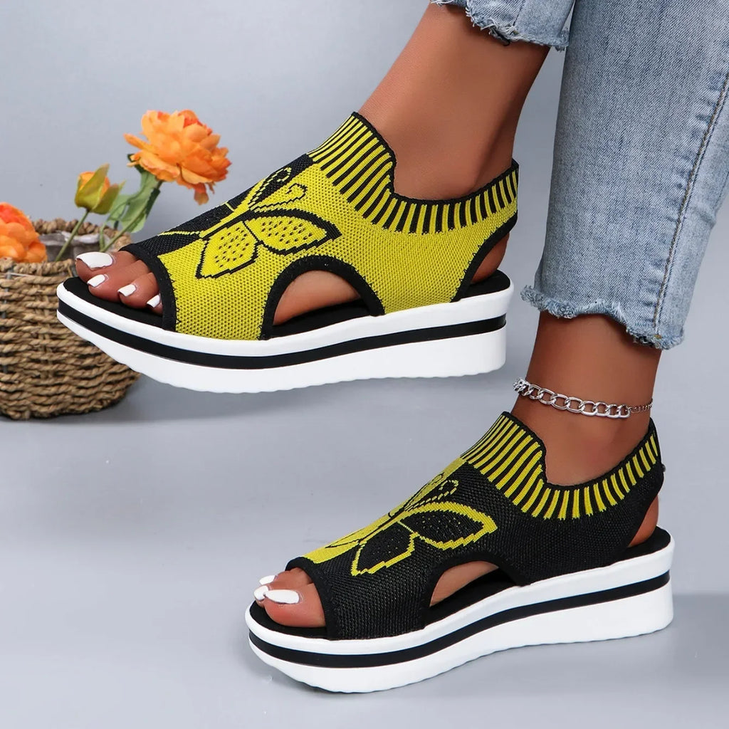 2024 Summer New Women Sandals Round Toe Platform Sole Mesh Single Women Shoes Casual Fashion Blue Butterfly Plus Size Sandals