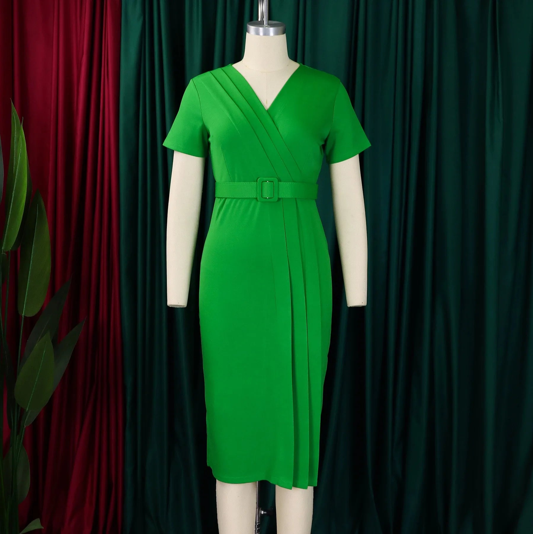 Elegant Office Dresses for Women V Neck Short Sleeve Belt Waisted Straight Mid Calf Formal Female Business Work Wear Dress Midi