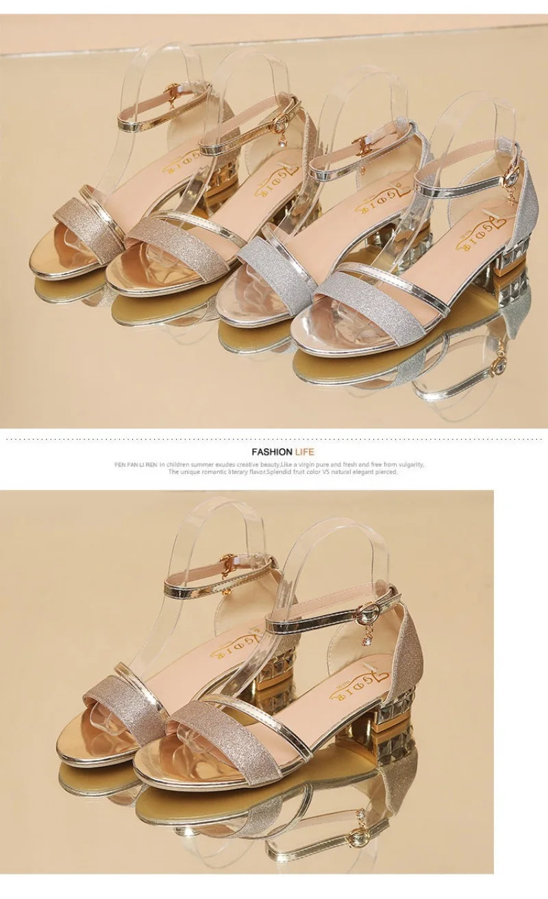 Luxury Women's Sandals Fashion Rhinestone Banquet Sandals Medium Heel Sandals for Women Summer Open Toe Sandas Sandalias Mujer