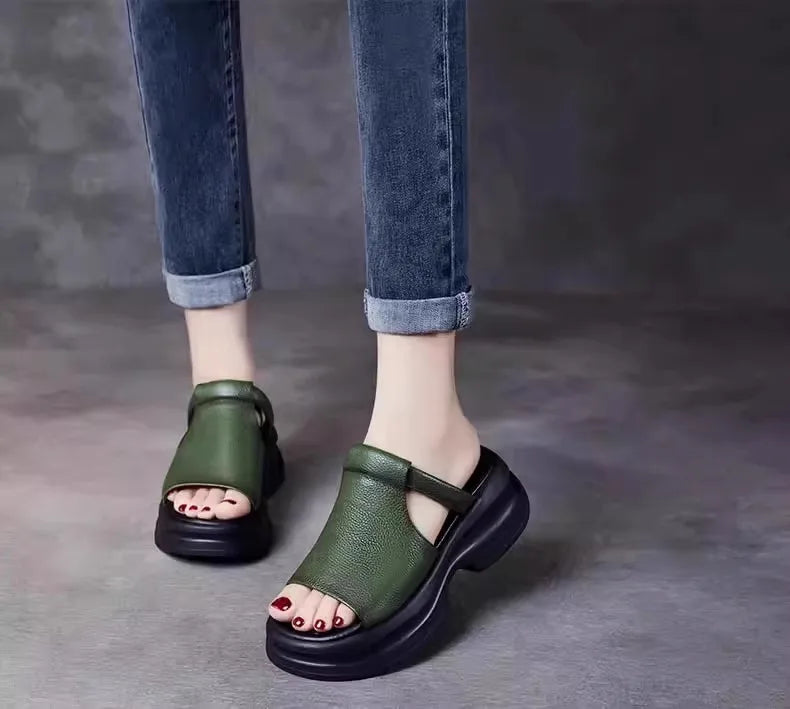 Lightweight Genuine Leather Fi Mouth Slippers Women's Outdoor Summer New Thi Bot Retro Soft Bot Platform Slippers