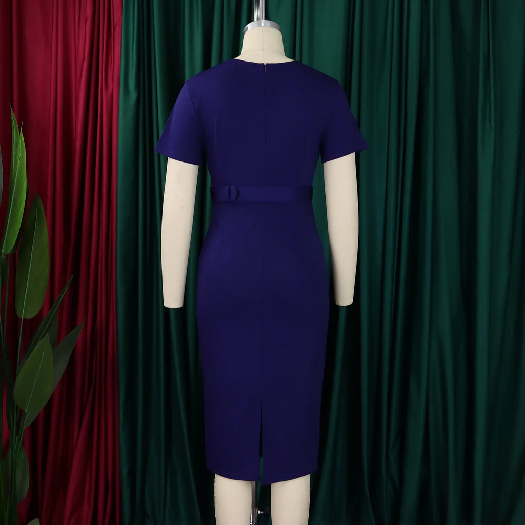 Elegant Office Dresses for Women V Neck Short Sleeve Belt Waisted Pleated Mid Calf Formal Business Work Wear Dress Midi Clothes
