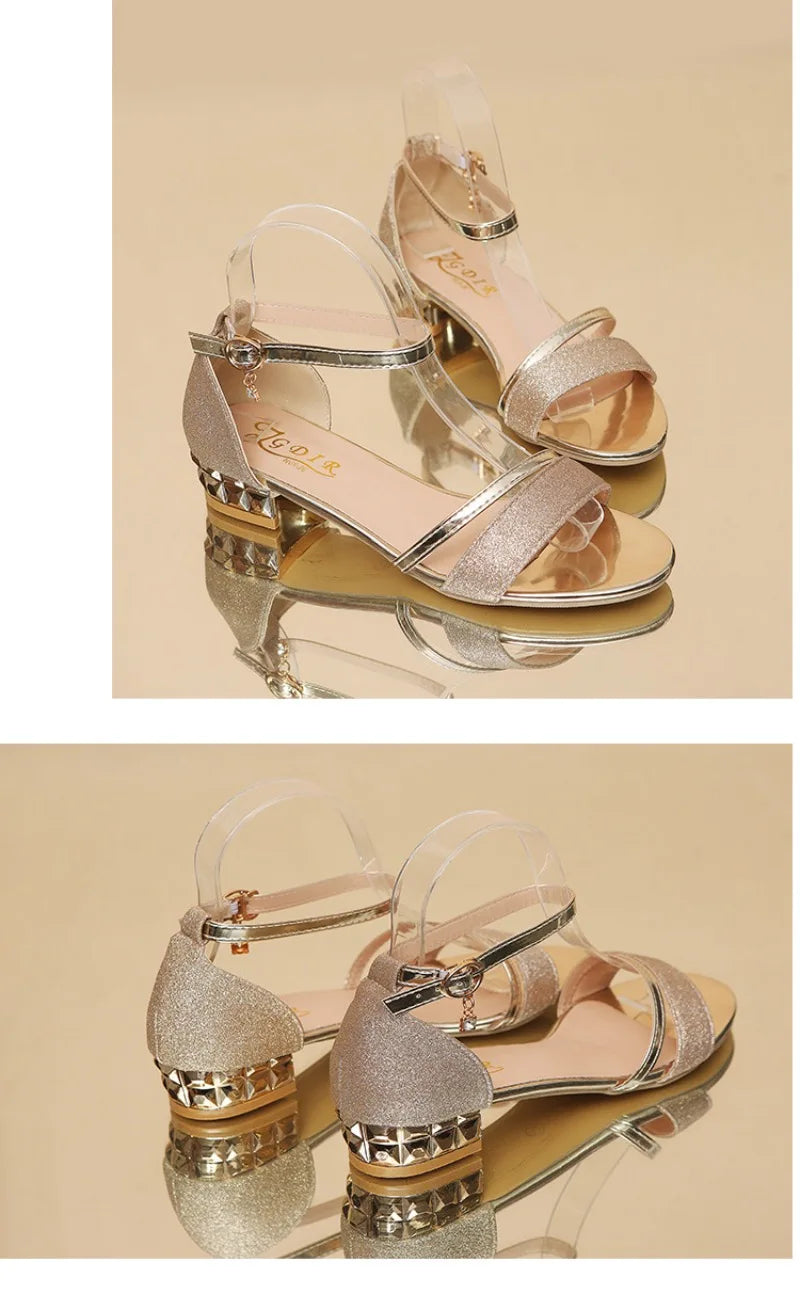 Luxury Women's Sandals Fashion Rhinestone Banquet Sandals Medium Heel Sandals for Women Summer Open Toe Sandas Sandalias Mujer