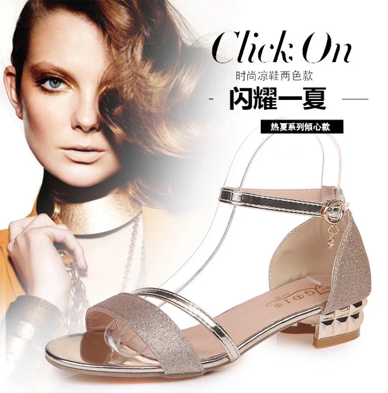 Luxury Women's Sandals Fashion Rhinestone Banquet Sandals Medium Heel Sandals for Women Summer Open Toe Sandas Sandalias Mujer