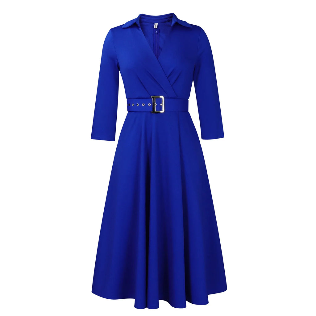 Fashion Office Dresses for Women Turn Down Collar V Neck Belt Waisted Pleated Mid Calf Elegant African Business Work Dress Cloth
