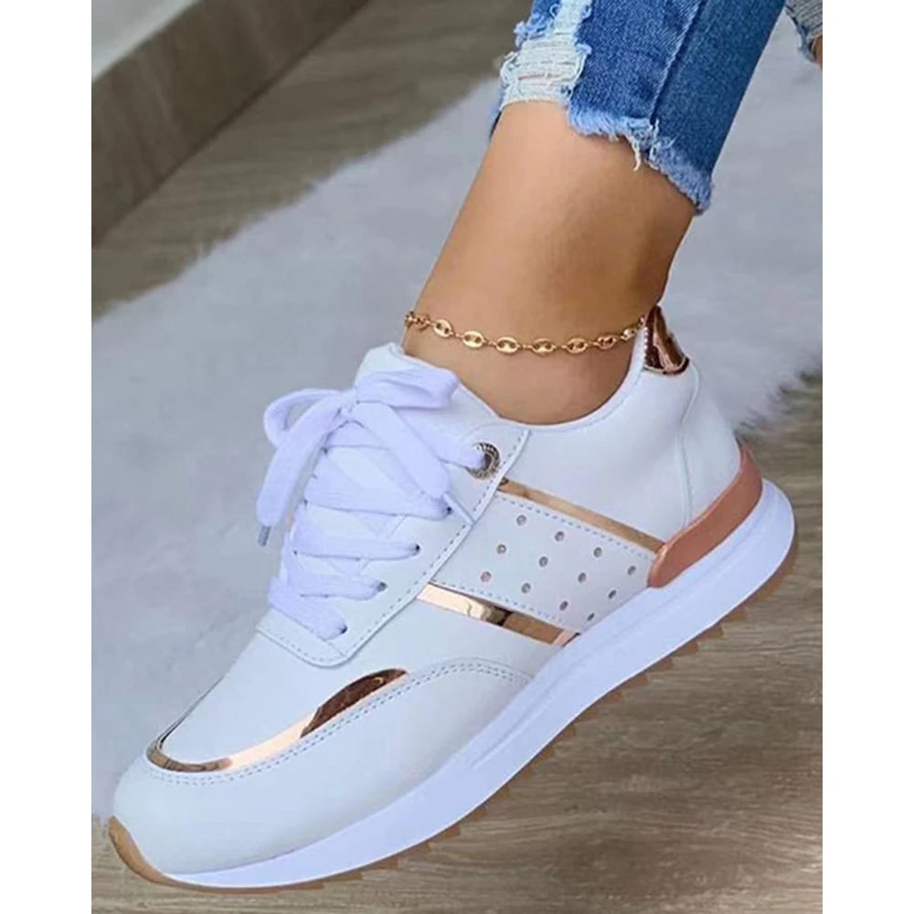 Women Contrast Paneled Lace-up Platform Boat Sneakers Spring Autumn Casual Sports Running Shoes Korean
