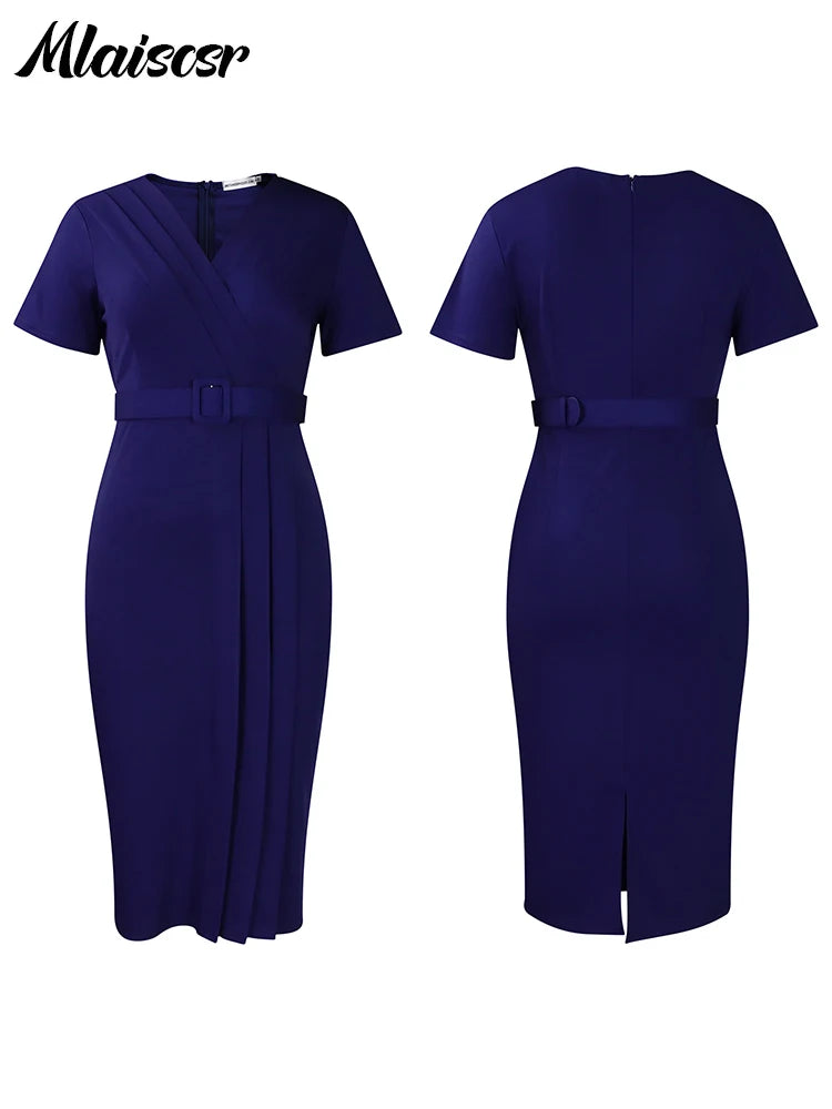 Mlaiscsr Office Lady Dress O Neck Short Sleeve High Waist Sashes Evening Midi Dresses Birthday Party Prom Women Clothing New