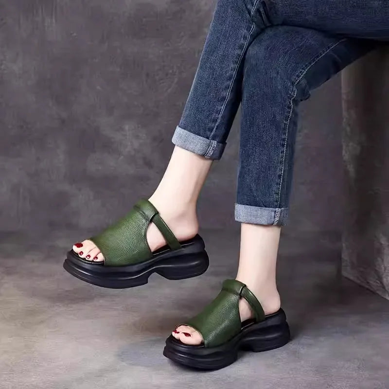Lightweight Genuine Leather Fi Mouth Slippers Women's Outdoor Summer New Thi Bot Retro Soft Bot Platform Slippers