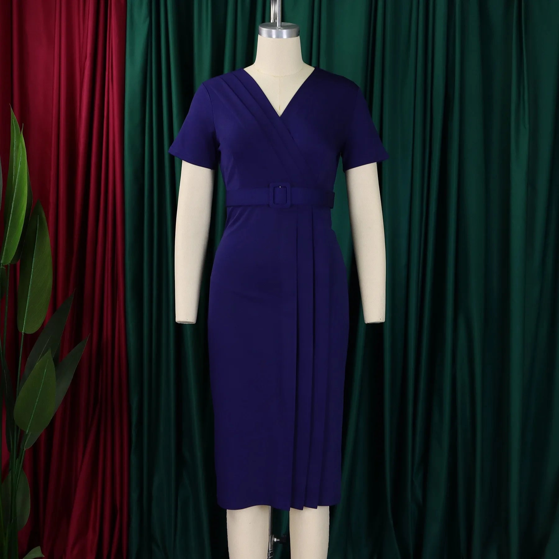 Elegant Office Dresses for Women V Neck Short Sleeve Belt Waisted Straight Mid Calf Formal Female Business Work Wear Dress Midi